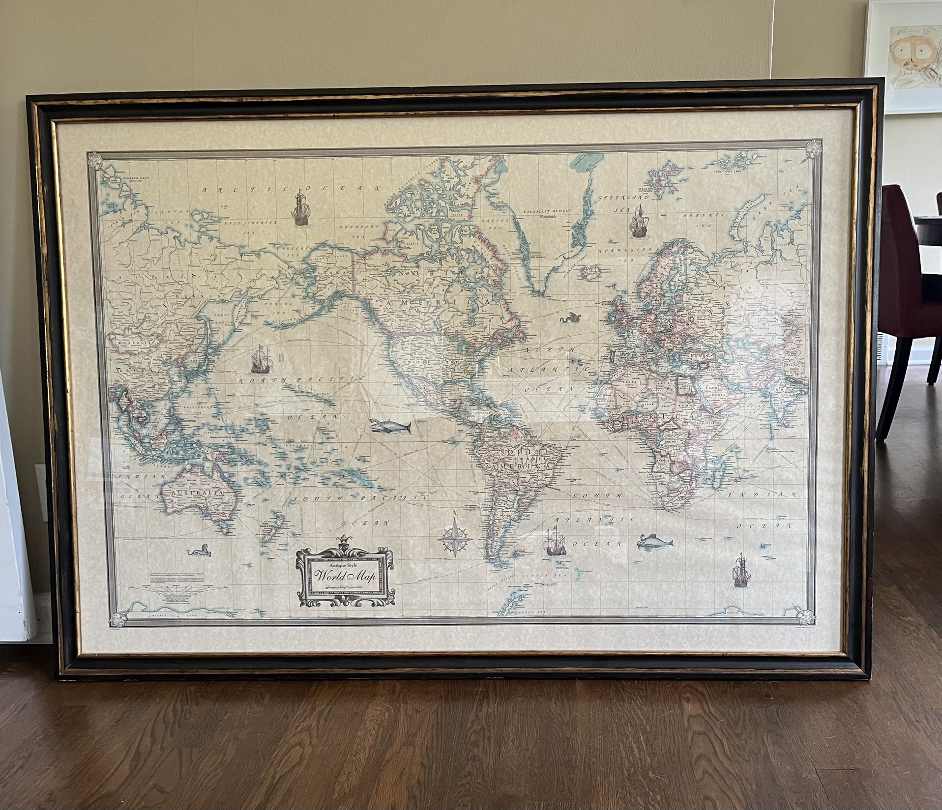Large framed “Antique style” World Map