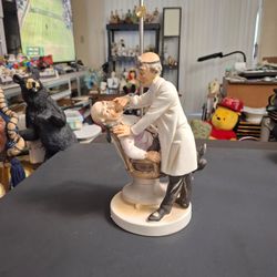Italian Capodimonte Style Porcelain Figurine Depicting A Dentist Performing A Tooth Extraction On A Reluctant Patient, Humorous Vintage Mid Century 9"