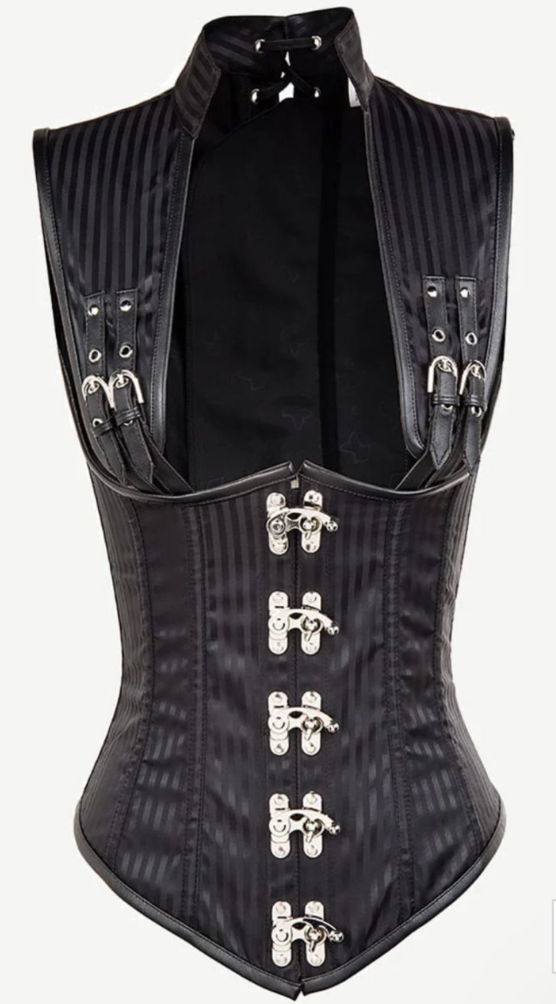 Black Pinstripe Steel Corset Available In Plus Sizes