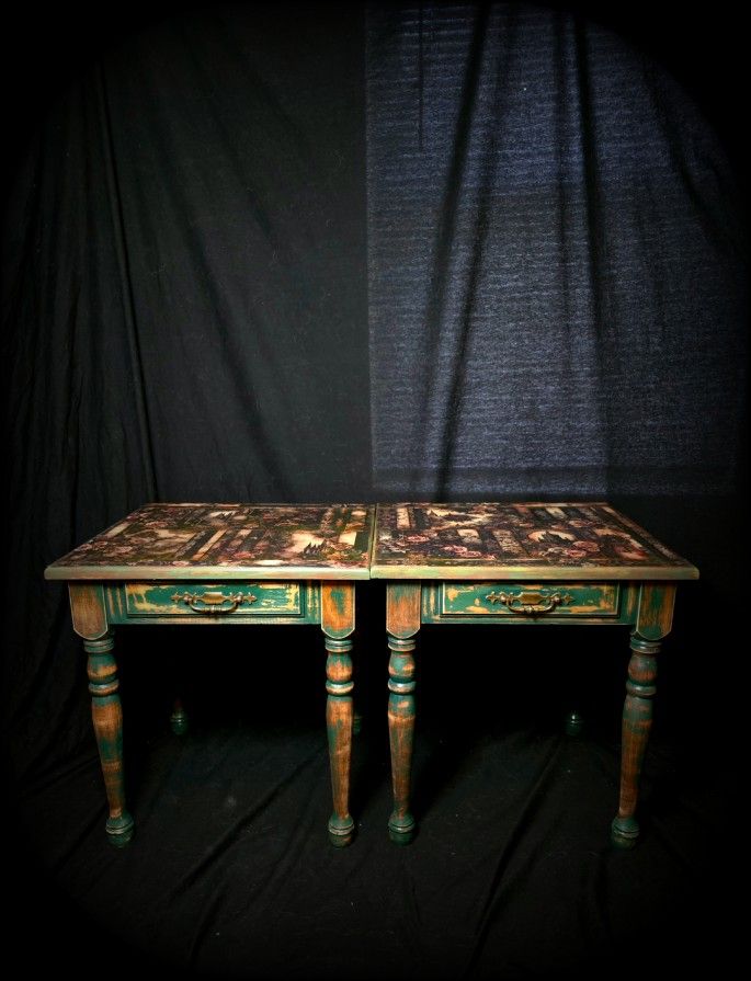 Green Gothic Side Tables With Faux Drawers 