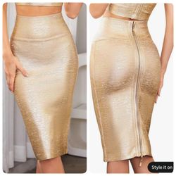 Midi-Calf Bandage Skirt Metallic Bandage Pencil Office Skirt size S