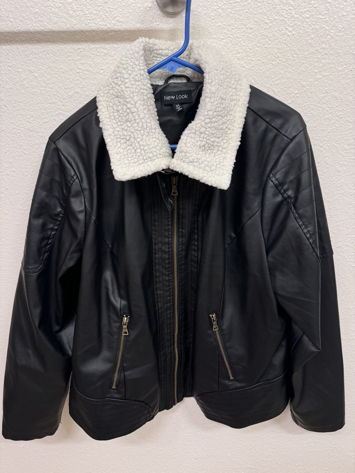 New Look Black Leather Look Faux Fur Jacket