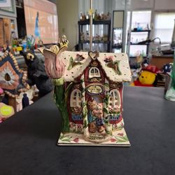 Heather Goldminc Blue Sky Clayworks Cuddle Bear Cottage Tealight/Votive Candle House, Charming & Whimsical 2Pc Set 8.75"H x 6"Sq