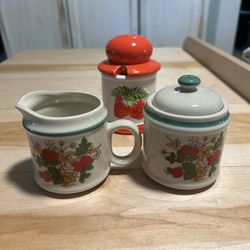 Vintage PORCELIN SUGAR & CREAMER SET JAPAN Strawberry Fields plus a Jam Jar