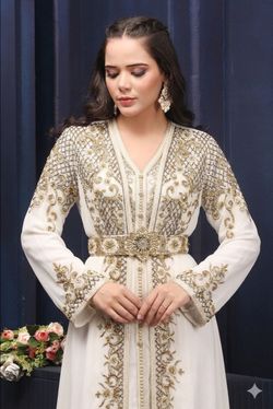 Luxury Embroidered Kaftan Dress Cream Maxi Modest Evening Gown L XL New With Tags