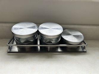 Cal-Mil stainless steel 3-jar mixology/condiment display set (also called a bar garnish tray or caddy).