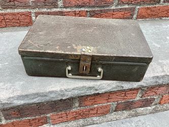Vtg. Rustic Army Green Metal Safety Lock Money / Document Chest Tool Box