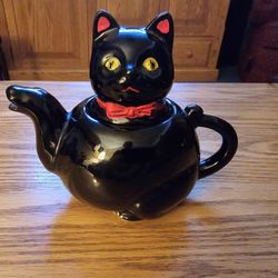 VTG 1950s Shafford Glazed Redware Black Cat W/ Red Bow tie 5.5” Teapot