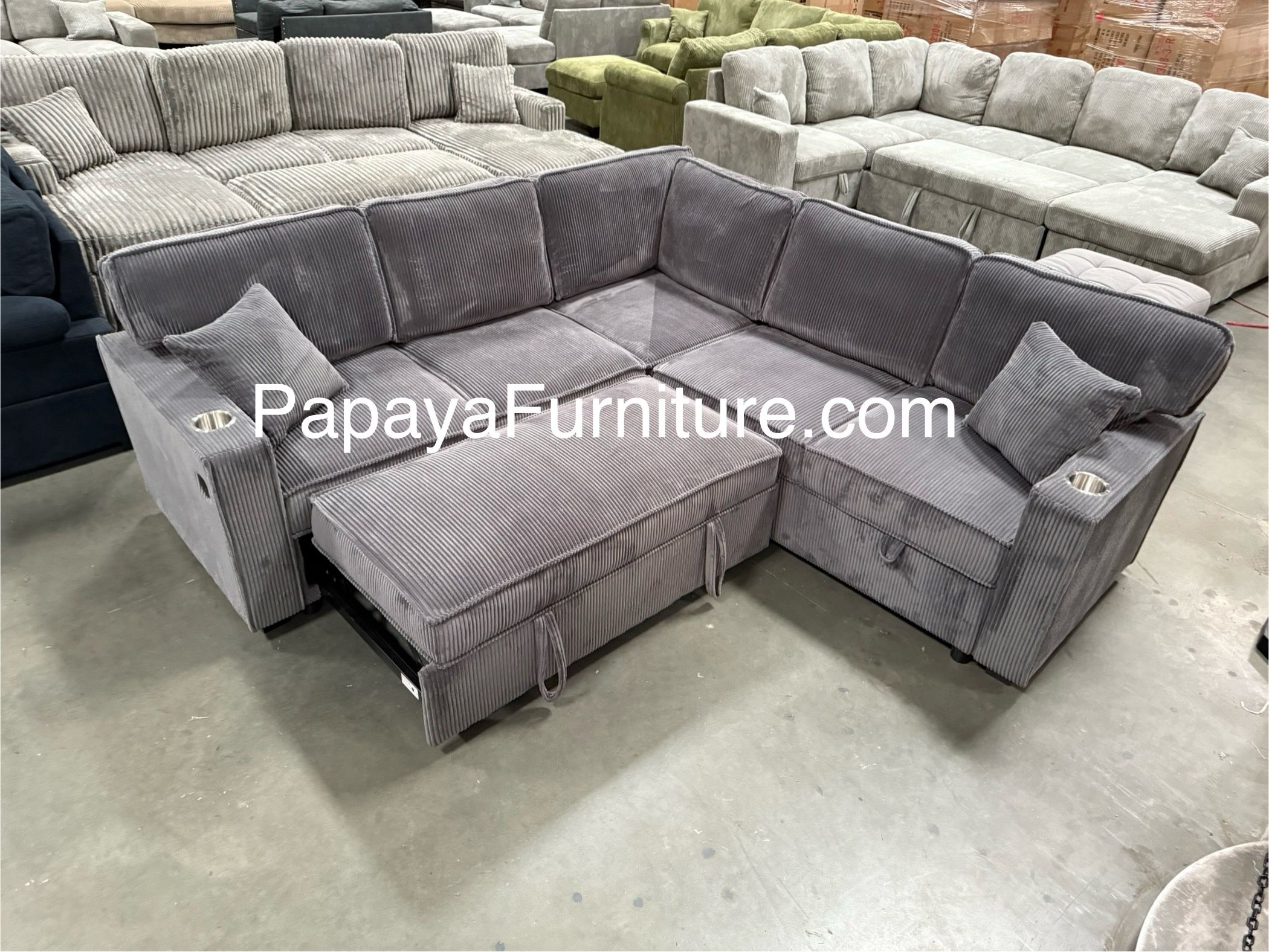 New! 90” Dark Grey Sectional Sofa Bed With Pull-out Sleeper Bed, Sofabed, Sectional Sofa Bed, Sectional With USB PORT And Cupholders, Sofa,Sectional