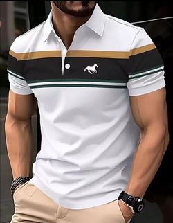5 Pieces XL Men's Striped Polo Shirt with Horse Graphic
