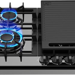 24 Inch Gas Cooktop with Griddle 4 Burners, GH60EF Drop-in Propane Stove Top with Thermocouple Protection, LPG/NG Convertible Dual Fuel Natural Gas Ho