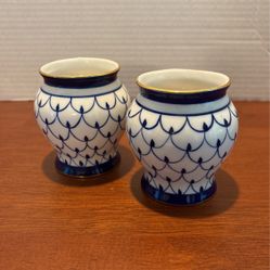 Pair Herend Look Vases- Bone China Gold Trimmed Fishnet Design Mini Vase Trimmed in Gold 3 1/4 Inches. A1