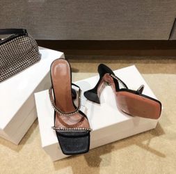 Amina Muaddi’s Gilda Crystal black satin sandals