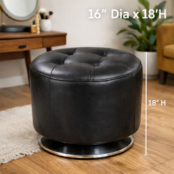 Black Round Tufted Leather Ottoman Stool Mid Century Modern Swivel Base 16x18