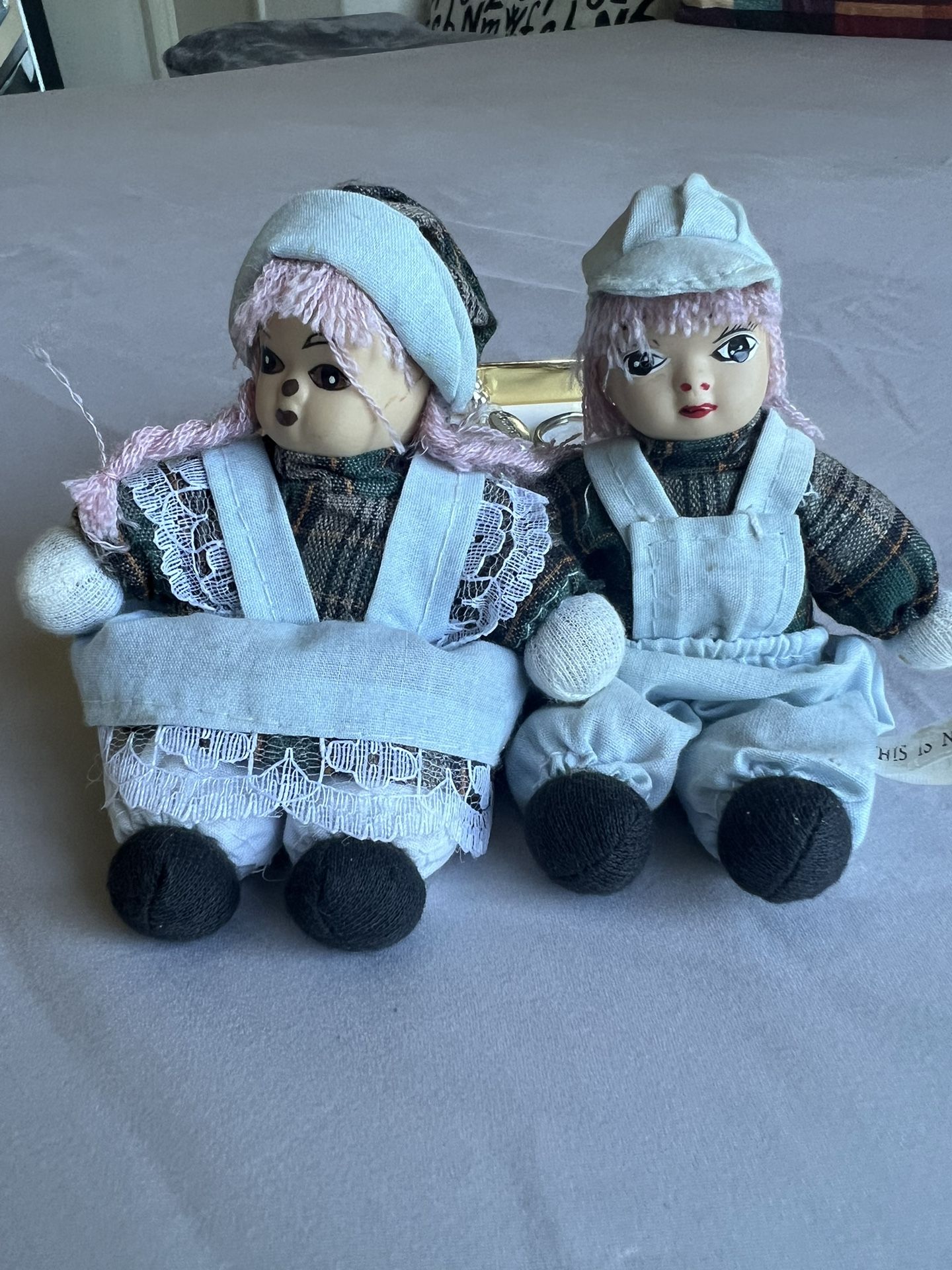 Pair Of Vintage SmallBoy & Girl Cloth Doll with Porcelain Face Sand Bag!!!