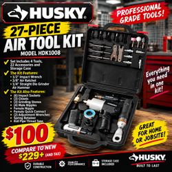 $100 New Husky 4-Pc Air Tool Kit W/ 1/2-in. Impact, 3/8-in. Ratchet, Die Grinder, Hammer, Sockets, Chisels, Grinding Stones (27-Pieces)