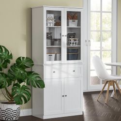 Freestanding Kitchen Pantry White Cabinet Tall Cupboard Storage with 4 Doors 2 Shelves Hutch