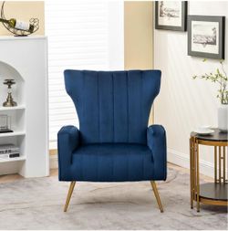 Modern Velvet Accent Chair, Channel Tufted Bedroom, Office or Living Room Furniture with Elegant Metal Legs, 26" Wide Armchair, Blue