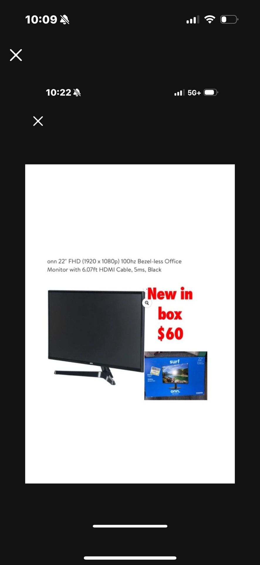 New in box 22” onn monitor $60 cash only east Palmdale Address will be provided when you're ready to come by.. located in east Palmdale off 47th & R