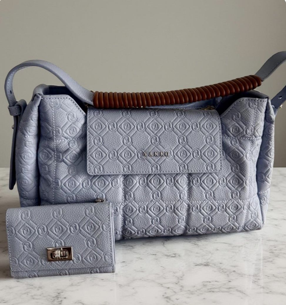 Designer VAKKO purse leather handbag with matching VAKKO wallet Blue  Comes with dust bag and tag  In excellent condition  Purchased in Izmir, Turkey 