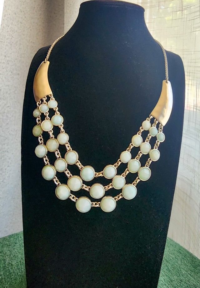 Lucky Brand Statement Bib Necklace – Gold & Soft Blue Gem Multi-Strand