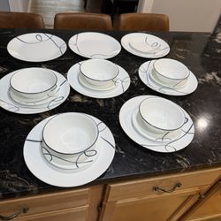 Set Of 19 Pc CORELLE VITRELLE LIA W/ BLUE SWIRL STRIPE