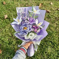 Crochet purple peony and white zephyr-lily bouquet