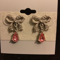 Silver Bow tie Earrings,With Grey Hematite Crystals And Swarovski Tear Drop Pink Crystals 