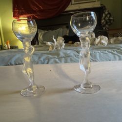 vintage Bayel Bacchus or Bacchante frosted nude-stem crystal glasses from France.