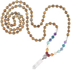 Modern ŌM 108 Premium 8mm Mala Meditation Beads | Unisex Rainbow Mala Necklace Quartz Pendant, Green Sandalwood, Genuine Gemstones Yoga Jewelry
