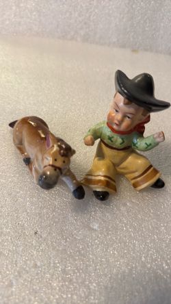 Vintage Cowboy Child & Horse Salt Pepper Shakers Japan w/ Corks