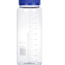 1000 mL Wide Mouth Graduated Round Borosilicate Reagent Media/Storage Lab Glass Bottle With GL70 Blue Polypropylene Screw Cap