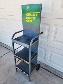 BP Gas Station Vintage Motor Oil Display Stand Wheeled Rack