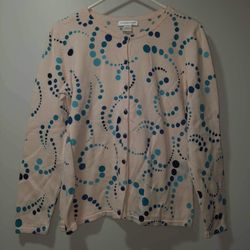 Christopher & Banks Polka Dot Cardigan Womens Medium Cream Blue Long Sleeve Sweater 