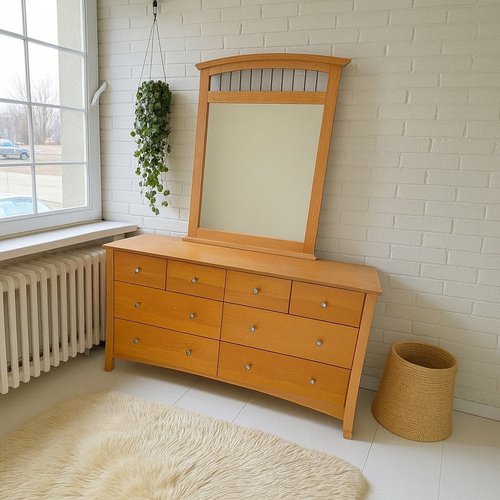 Maple Curve Eight-Drawer Dresser with Matching Mirror