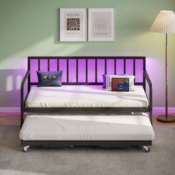 Daybed with Charging Station and LED Lights, Height Adjustable Twin Daybed with 