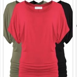 FREE TO LIVE 3-Pack Dolman Sleeve Tops - Cherry, Olive, Black (Size M)
