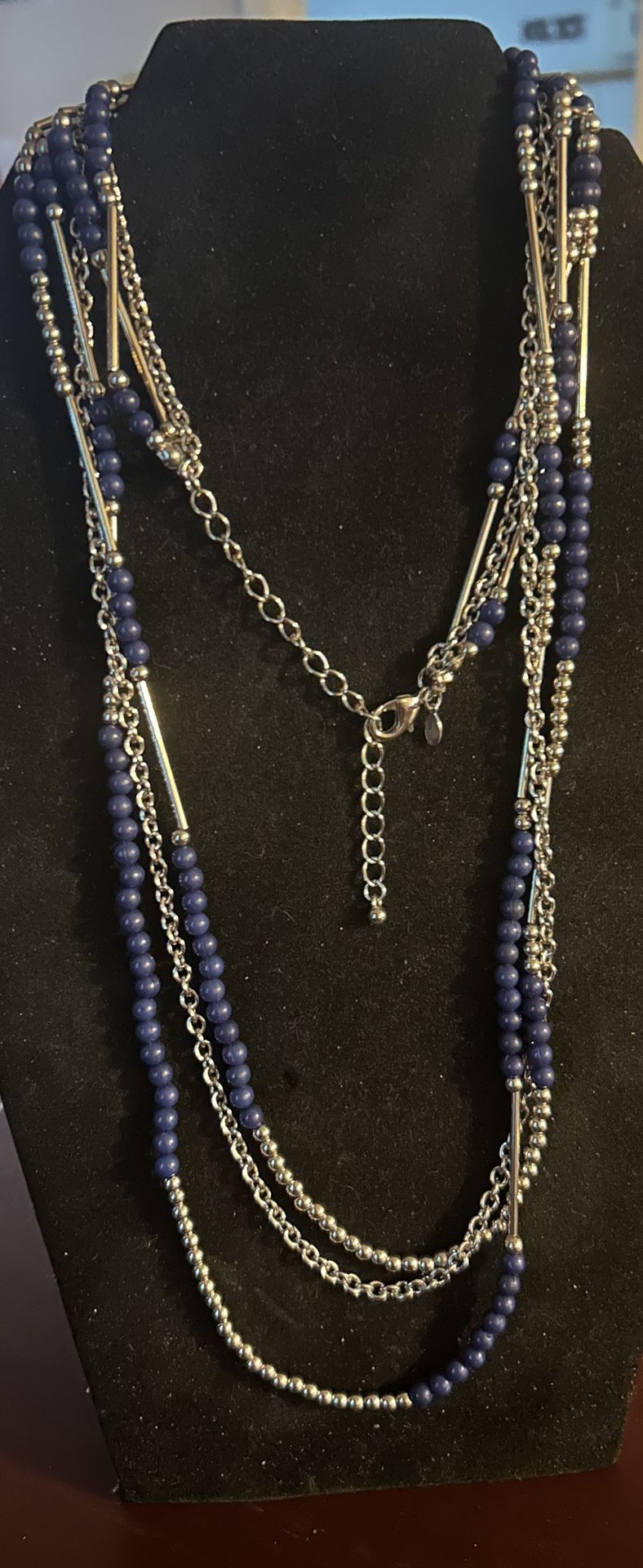 Long silver blue beaded necklace, great shape