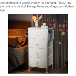 White Nightstand, 4 Drawer Dresser for Bedroom, Tall Narrow Nightstand with Vertical Storage Tower and Organizer - Modern Design