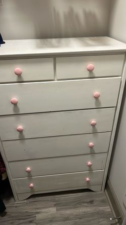 White Wood Dresser with Pink Knobs