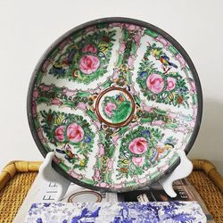 Vintage Chinoiserie Rose Medallion Porcelain Pewter Encased Shallow Bowl