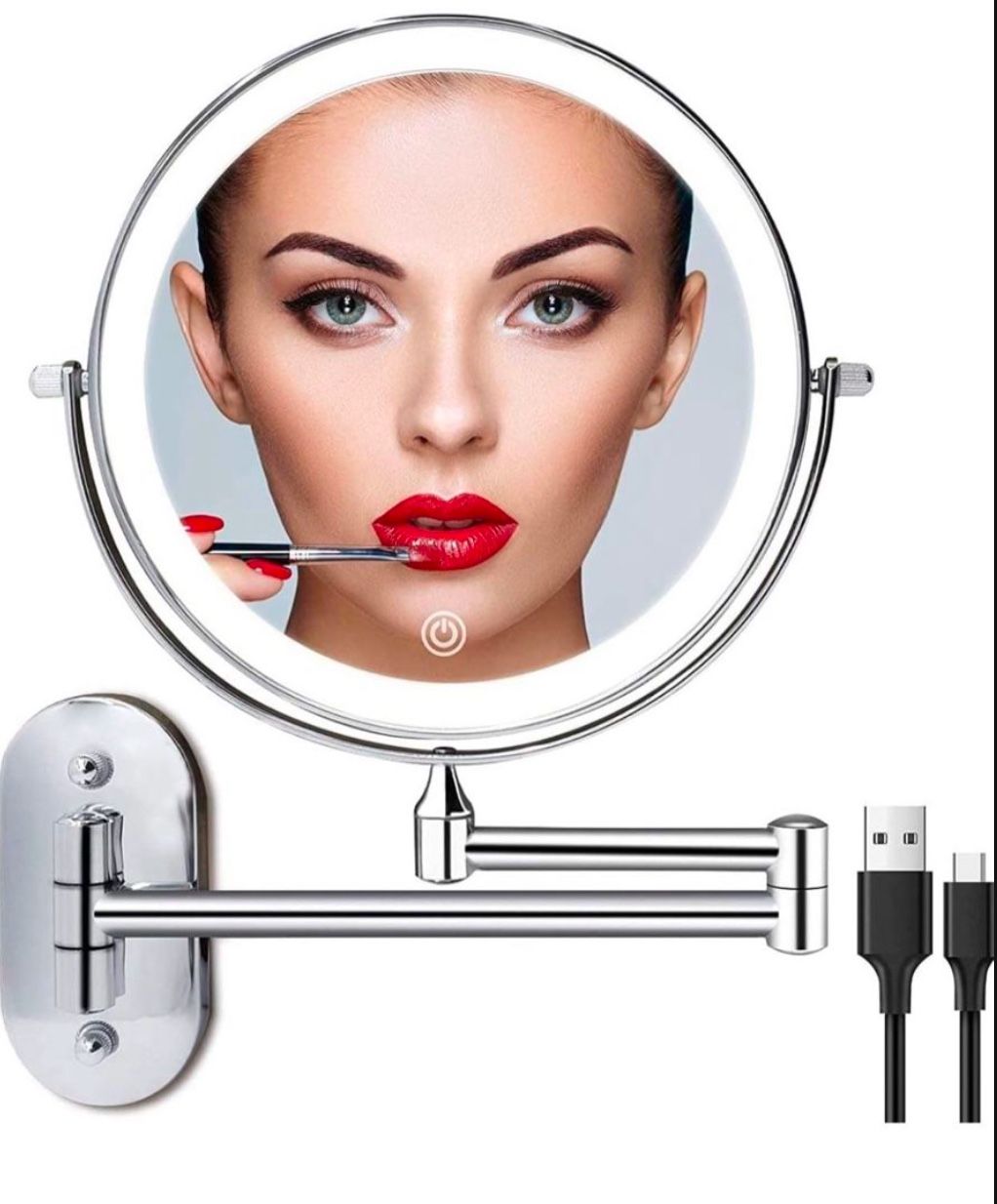 Rechargeable Wall Mounted Lighted Makeup Vanity Mirror 8 Inch Double Sided 1X 10X Magnifying Bathroom Mirror, 3 Color Lighting, Touch Screen Dimming,