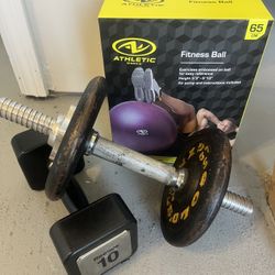 Vintage Gold’s Gym Weights (10 lbs Total); Reebok 10 lbs Weights; Athletic Fitness Ball.