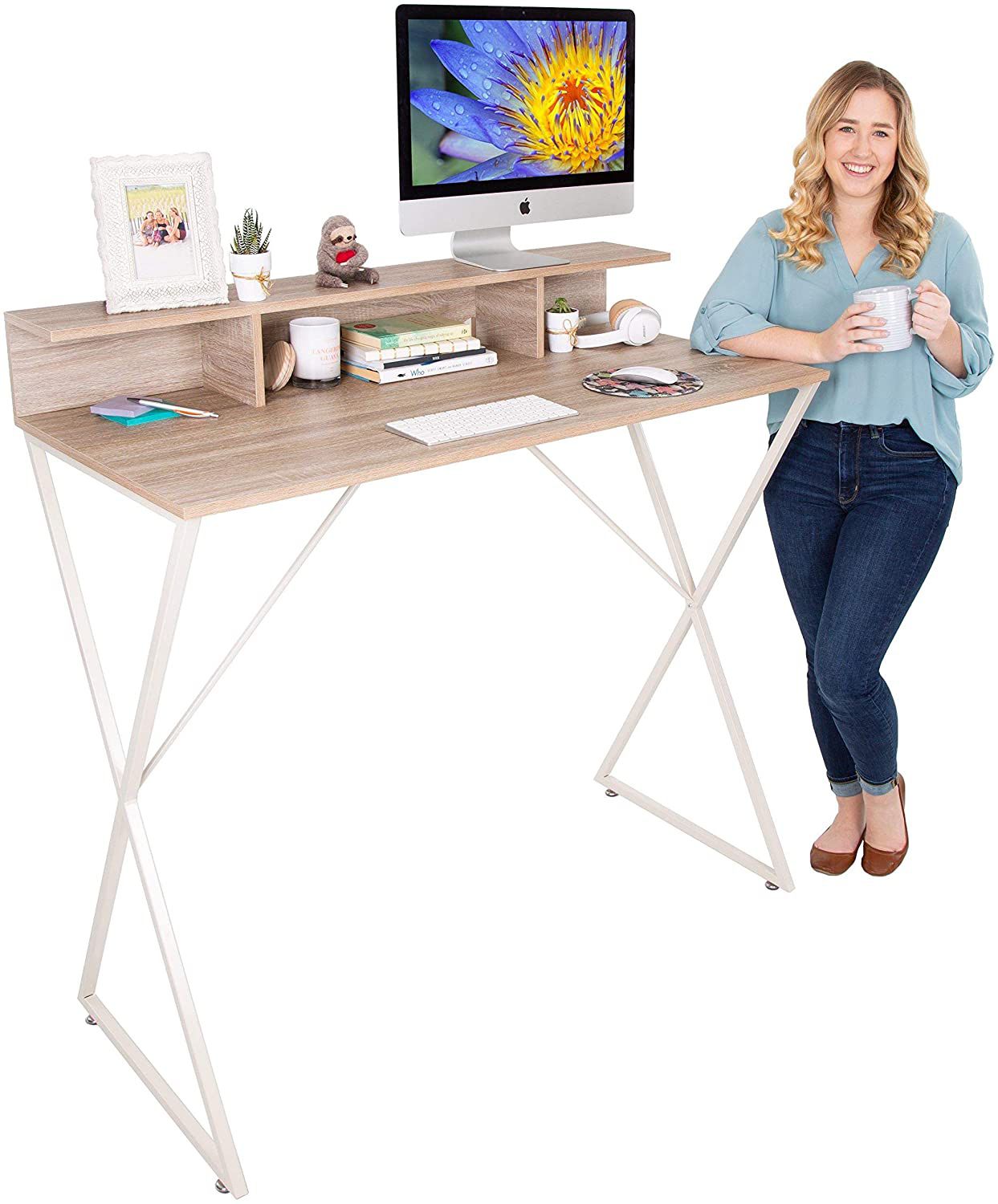 Modern Stand Up Workstation with Storage Cubbies | Pretty Standing Desk (Maple / 48 x 42)
