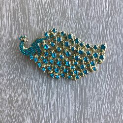 Elegant Vintage Peacock Brooch W/ Intricately Detailed Golden Body Adorned W/ Teal & Turquoise Stones