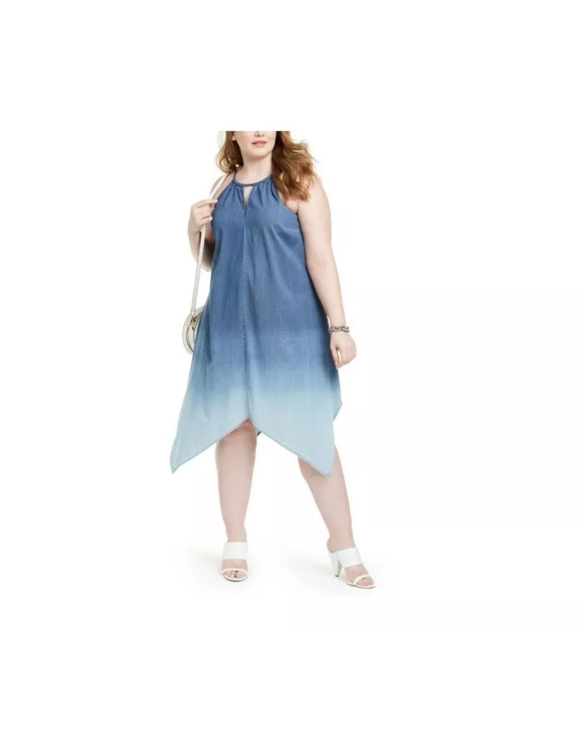 INC Womens Plus 2X / 20-22 Ombre Blue Handkerchief Hem Denim-look Dress NWT