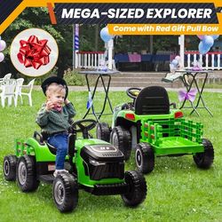 Ride-on Tractor, 24-Volt kids Green ride on tractor with attached wagon , NEW 
