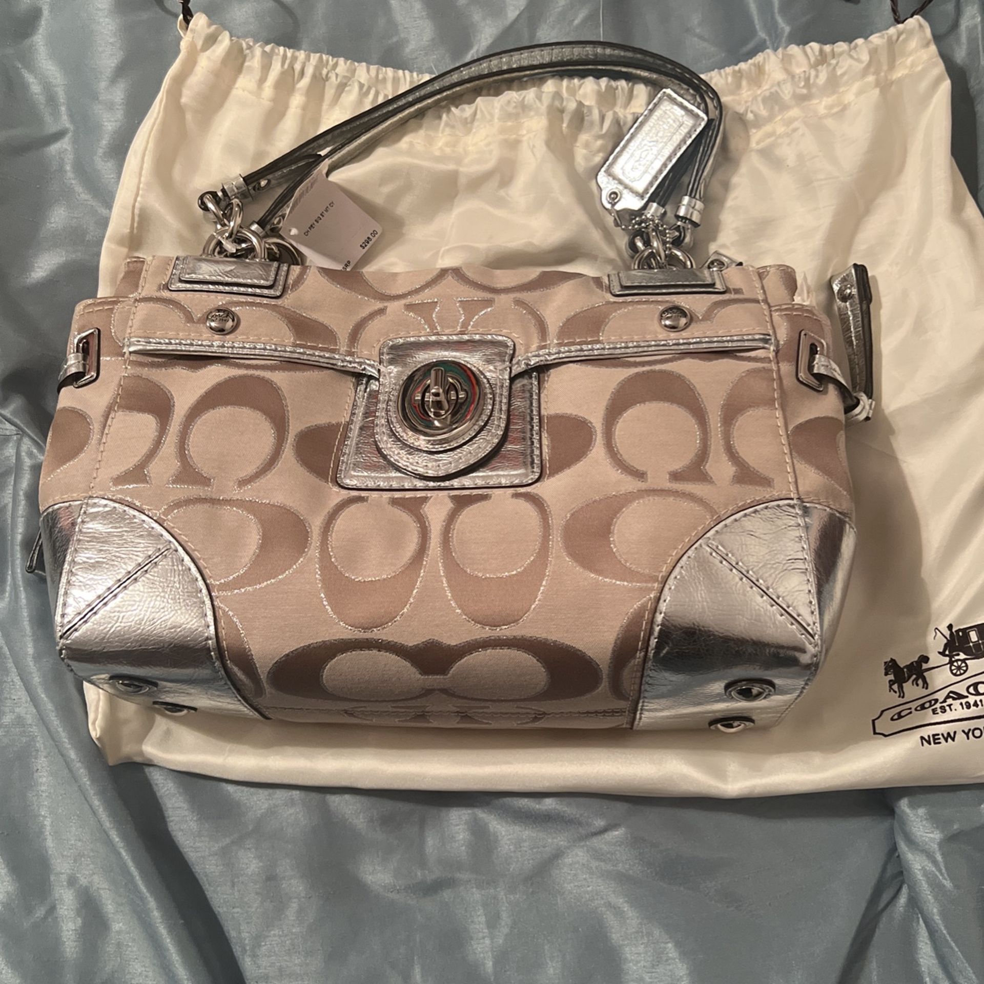 Coach satchel, contemporary silver Satin bag New! With Tags Never Worn Cleaning Out Closet SV/Cream Lt Khaki/Si -F19760 SVA29