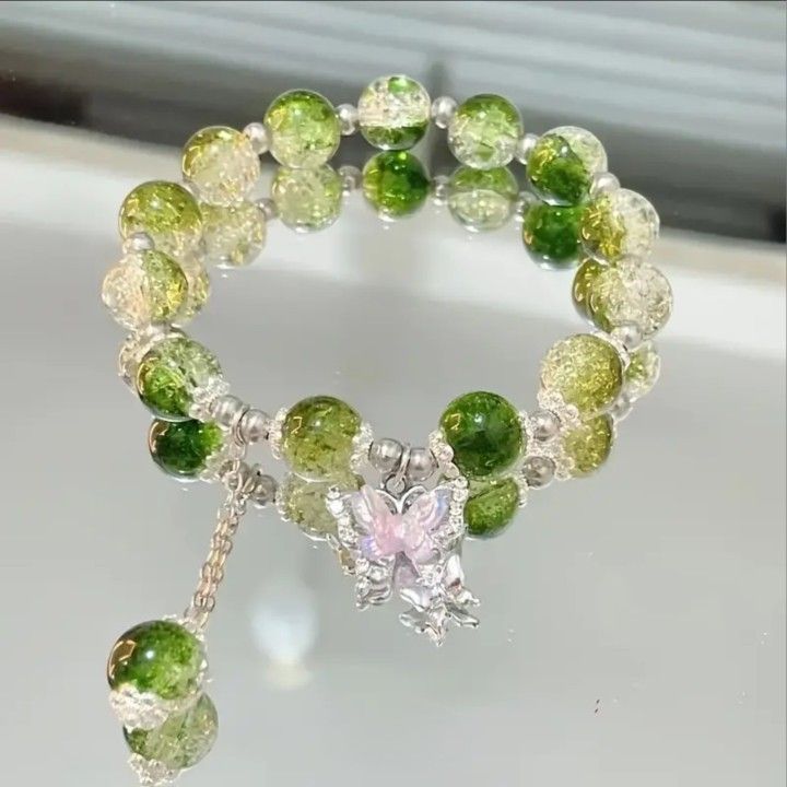 Green Glass Bead Bracelet With Butterfly Charm