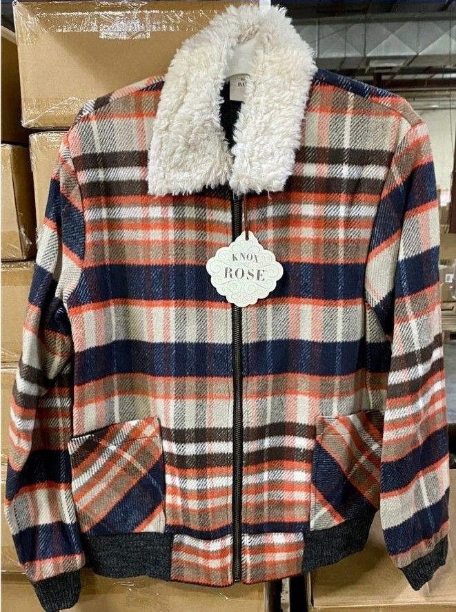 Knox Rose Plaid Sherpa Collar Zip Front Bomber Jacket Size Small